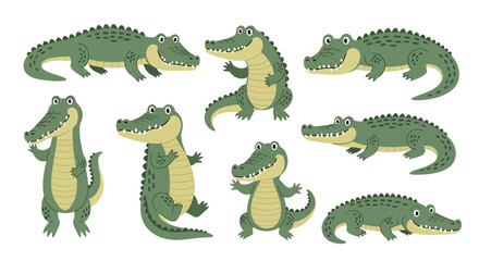 Adobe illustrator vector flat style illustration of various green crocodiles and alligators in different poses, showcasing their smiles and sharp teeth, suitable for children's designs