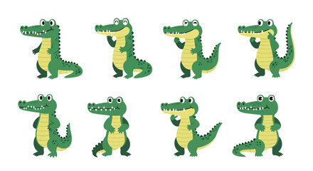 Fototapeta premium Adobe illustrator vector flat style illustration of various green crocodiles and alligators in different poses, showcasing their smiles and sharp teeth, suitable for children's designs