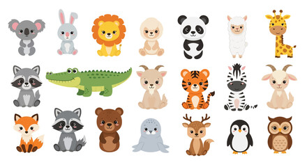 Adobe illustrator vector flat style illustration of a vibrant collection of diverse cartoon animals, including a tiger, raccoon, zebra, panda, lion, koala, bear, fox, and various other cute creatures