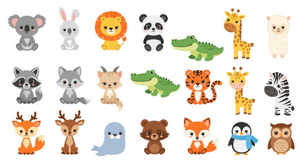 Adobe illustrator vector flat style illustration of a vibrant collection of diverse cartoon animals, including a tiger, raccoon, zebra, panda, lion, koala, bear, fox, and various other cute creatures