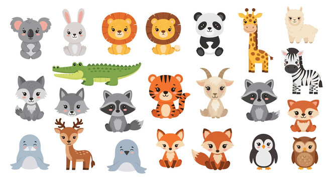 Adobe illustrator vector flat style illustration of a vibrant collection of diverse cartoon animals, including a tiger, raccoon, zebra, panda, lion, koala, bear, fox, and various other cute creatures