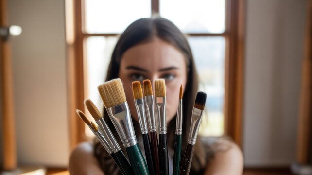 Young caucasian female artist holding paintbrushes in studio - Powered by Adobe