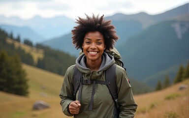 Happy black woman hiking in mountains and looking at camera. High quality