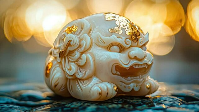 Intricate ivory-colored foo dog figurine with gold accents, rests on dark surface