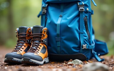 Blue backpack and hiking boots. Mountain gear close up. High quality