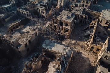 Fototapeta premium Destruction of urban landscape captured from above showing remnants of collapsed buildings in a war-torn city
