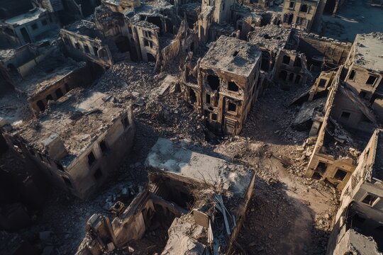 Destruction of urban landscape captured from above showing remnants of collapsed buildings in a war-torn city