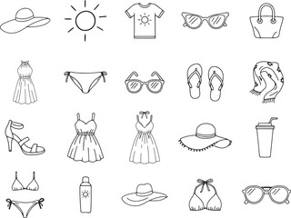 Collection of Summer Beach Fashion Icons Minimalist Line Art