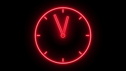 clock icon animation glowing neon red color watch dial circle timer timekeeper analog clock 24 hour day fast speed sign symbol on black background - Powered by Adobe
