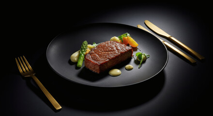 Gourmet Pan Seared Beef Steak with Asparagus Puree and Citrus Elegant Black Plate