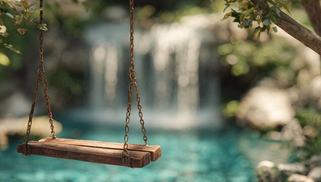 Wooden swing hanging above waterfall with blue water for travel poster templates, nature resort branding, and eco-tourism graphics. Minimalist green white nature scene composition. 