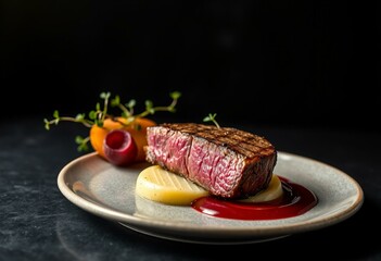 Gourmet filet mignon with potato fondant and red wine reduction