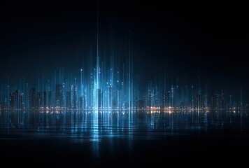 Futuristic Cityscape with Glowing Blue Digital Skyscrapers (Tech Innovation, Data Flow Architecture, Neon Cyber Aesthetic)