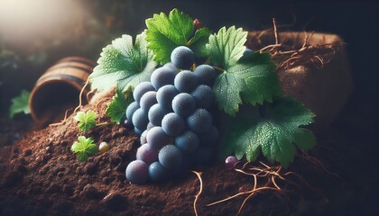 Close-up of freshly harvested grapes with natural leaves on soil background for clean vineyard, harvest, and healthy nutrition branding visuals.