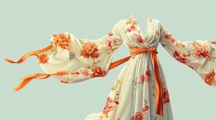 Naklejka premium A flowing, floral print dress with an orange sash.