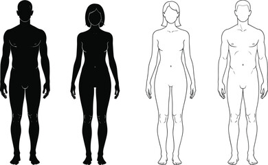 Human body silhouettes, male and female, black and white, front view, profile design, vector illustration, anatomy reference, outline and fill, isolated figuresPrint