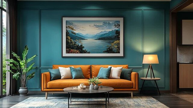 Teal-walled living room with orange couch, landscape art, and floor lamp.