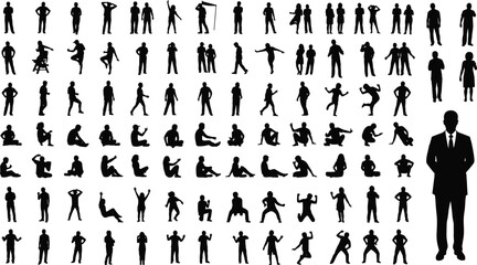 Human silhouettes, pose collection, standing figure, suit silhouette, black and white, body movement, walking, running, sitting, jumping, vector art, character design, motion reference, 