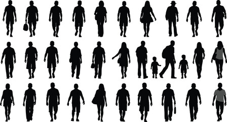 Diverse Collection of Pedestrian Silhouettes, Depicting Men, Women, and Children Walking in Various Styles, Representing Urban Life and Everyday Activities
