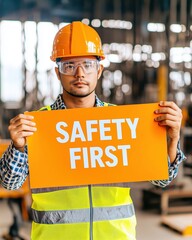 Construction worker in safety vest and helmet holding an orange “Safety First” sign, promoting site safety culture.