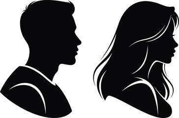 Male and female silhouettes, side profiles, human faces, minimal design, black and white, vector art, outline style, character design, people faces, graphic illustration