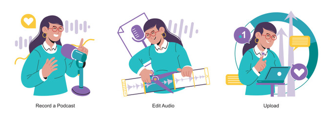 flat illustration podcast production steps. female creator records audio, edits and uploads.
