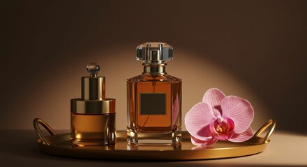 Elegant perfume bottles with orchid on golden tray for beauty advertising