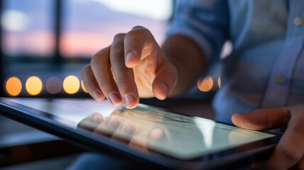 Male adult using tablet in evening light with blurred cityscape background