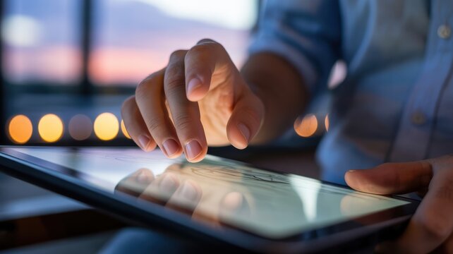 Male adult using tablet in evening light with blurred cityscape background