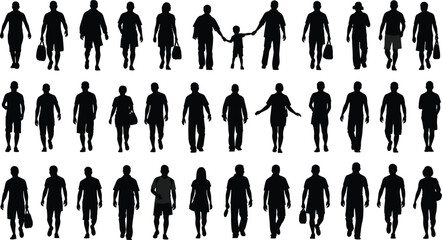 Walking silhouettes, human poses, black and white, isolated figures, diverse people, motion study, walking animation, vector set, pedestrians, body posture, character design