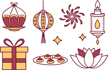 Diwali Elements Set Illustration for November Festival Designs. Traditional Diwali Symbols Collection for Cultural Art Projects. Hand Drawn Diwali Elements for Celebration and Greeting Themes