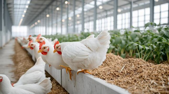 White chickens in modern indoor poultry farm, sitting on ledge with straw bedding under natural light in clean agricultural environment
