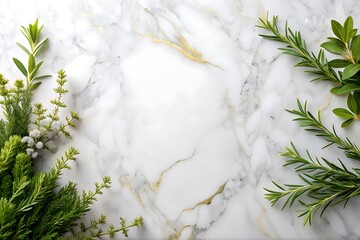 White marble countertop with a gold border and a bunch of plants on it