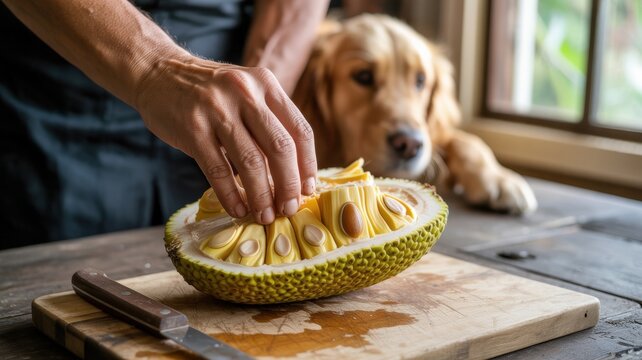 Person preparing jackfruit in kitchen with curious dog nearby