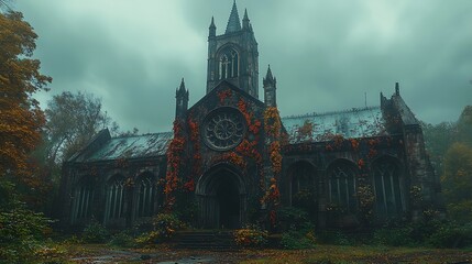 Obraz premium Weathered stone building in misty landscape