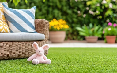 Stuffed bunny toy placed on artificial lawn in cozy backyard