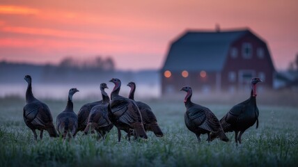 Flock of turkeys at sunrise in misty field near rustic farm barn