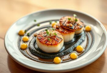 Pan-seared scallops on black garlic purÃ©e