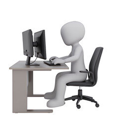 White 3D Realism Figure Using Computer, Transparent Background, Office Work Illustration