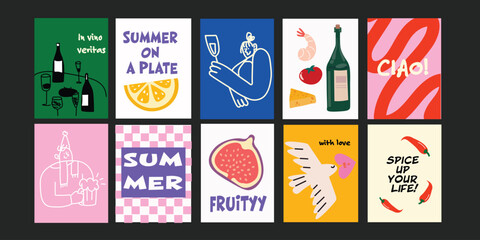 Celebratory graphics with cocktails, strawberries, and people toasting.

