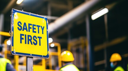Yellow “Safety First” sign in industrial environment