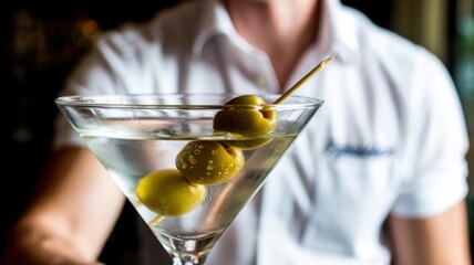 Bartender serving classic martini with green olives in upscale bar setting
