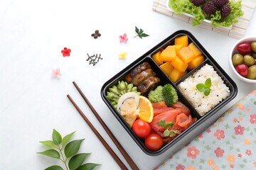 Tray of food with a variety of vegetables and fruits