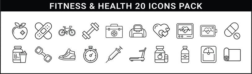 Fitness and Health Line Icon Set Pack - Black line icon collection featuring fitness, exercise, nutrition, and medical health symbols for wellness, apps, and training use.