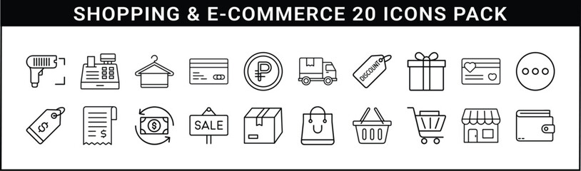 Shopping and E-Commerce Line Icon Vector Set - Set of 20 minimalist black line icons representing online shopping, retail, transactions, delivery, sales, and e-commerce tools.