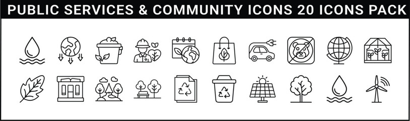 Public Services and Community Outline Icons Set - A set of 20 outline icons focused on public services and community themes, including sustainability, recycling, green energy, and conservation.