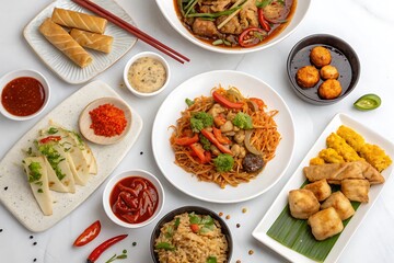 Table with many different types of food, including noodles, meat