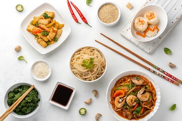 Table with many different types of food and chopsticks