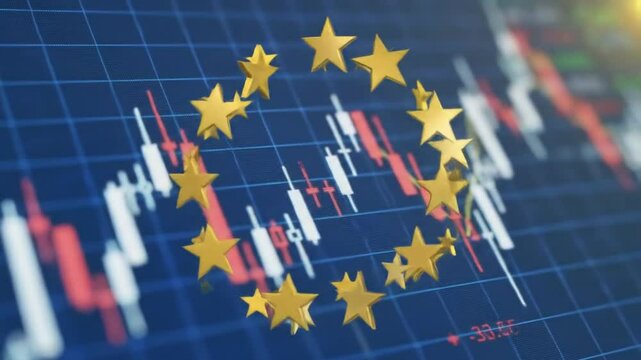 European Union Stars over Falling Stock Market Chart in Blue and Red Depicting Economic Challenges and Financial - Powered by Adobe