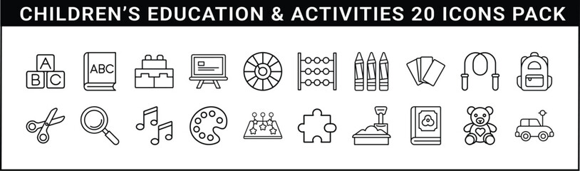 Children’s Education and Activities Outline Icons Set - A set of 20 outline icons featuring educational tools and playful activities for children, including books, crayons, toys, and games.